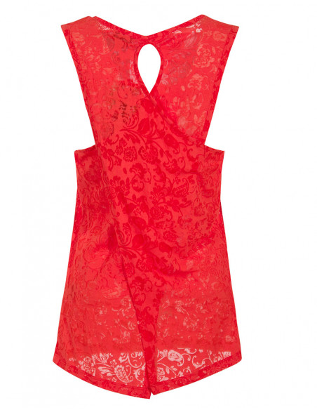 Openwork summer tank top with red cross-over back