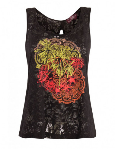 Black tank top with openwork cross back and ethnic pattern