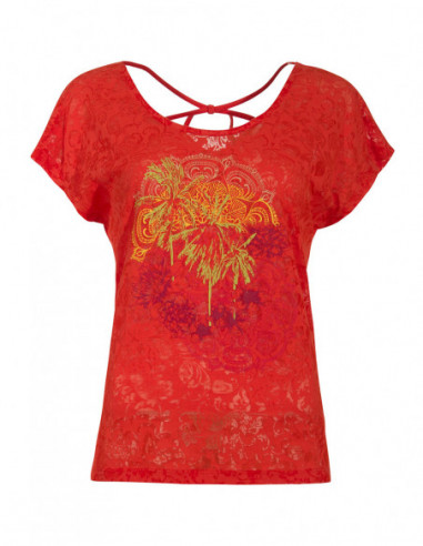 Tee shirt rouge ajouré dos croisé avec motif mandala