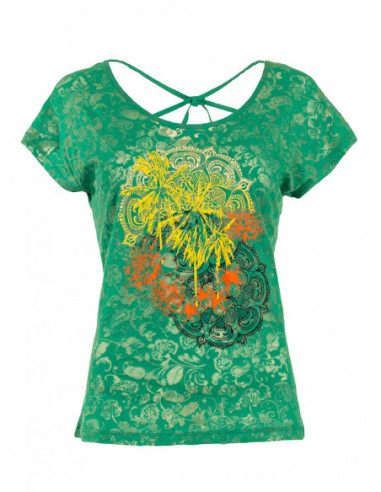 Tee shirt vert ajouré dos croisé avec motif mandala