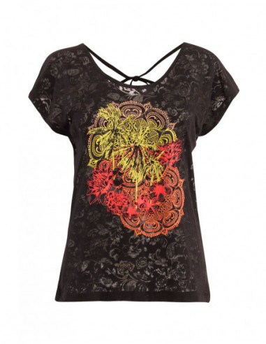 Tee shirt noir ajouré dos croisé avec motif mandala