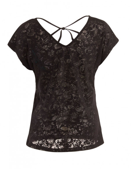 Tee shirt noir dévoré dos croisé avec motif