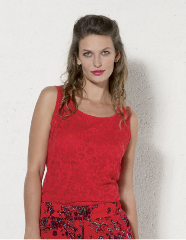 Débardeur rouge chic tissu dévoré transparent avec motif fleuri original