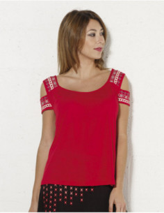 Colorful embroidered bare shoulder summer t-shirt