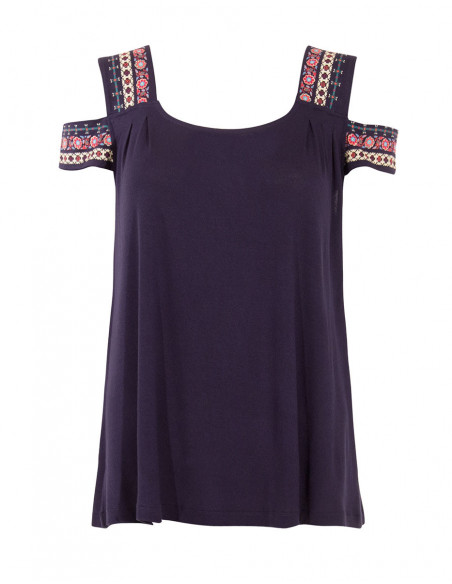Navy blue top with bare shoulders and embroidery