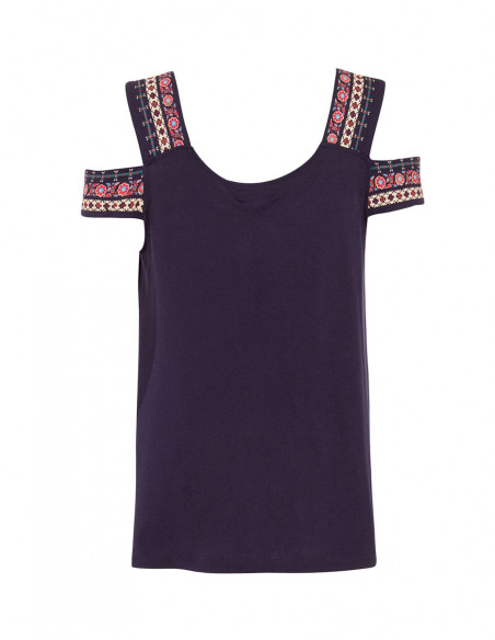 Navy blue embroidered bare shoulder summer t-shirt