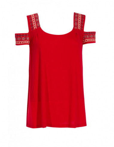 Red top with bare shoulders and embroidery