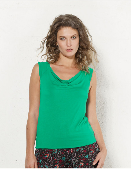 Back of original flowing viscose top with green cowl neck