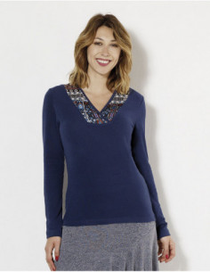 Pull manche longue col V motifs amérindiens