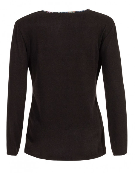 Pull manche longue col V motifs amérindiens noir dos