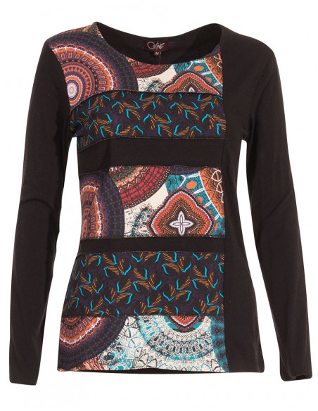 T-shirt ethnique bandes patch horizontales noir