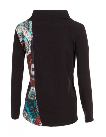 T-shirt ethnique motif  rosaces et plumes noir dos