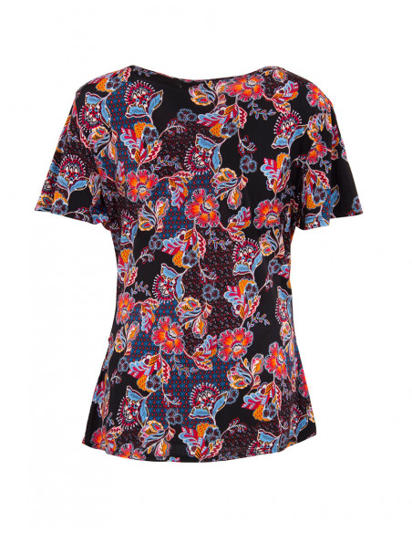 Tee-shirt noir col V manches courtes imprimé ethnique