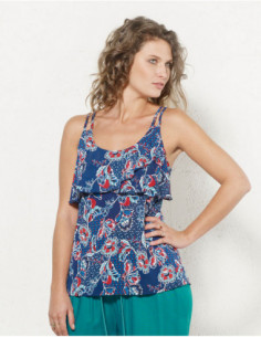 Fluid tank top for summer with double straps and ruffle effect on the chest original pattern