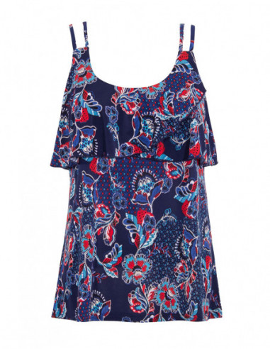Tank top with double straps and ruffle on the chest with navy blue cashmere pattern
