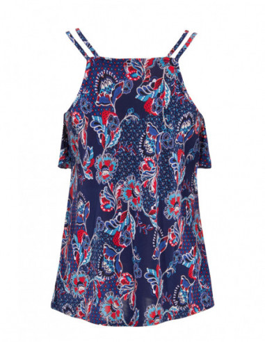 Débardeur fluide pour l'été à double bretelle et effet volant sur la poitrine motif original bleu marine