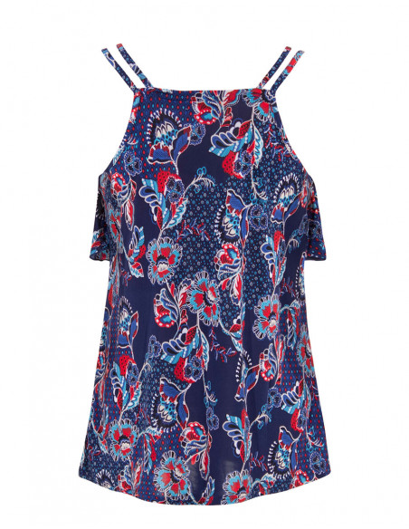 Fluid tank top for summer with double straps and ruffle effect on the chest original pattern navy blue