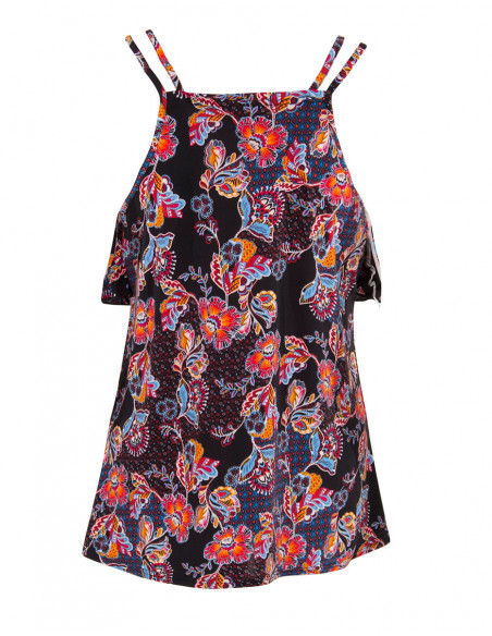 Fluid tank top for summer with double straps and ruffle effect on the chest original pattern black