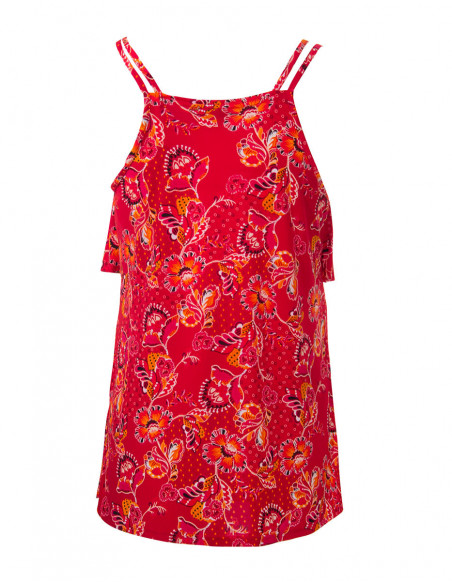 Débardeur fluide pour l'été à double bretelle et effet volant sur la poitrine motif original rouge