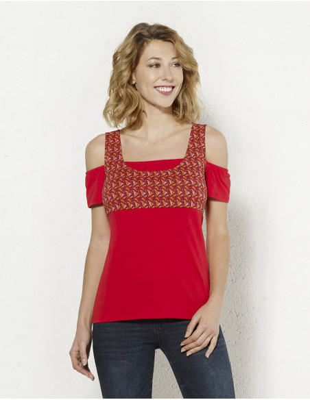 T-shirt Ethnique Femme Coline – Vert Anis Et Rouge, Motif Cheval – Taille L (neuf Avec étiquettes)