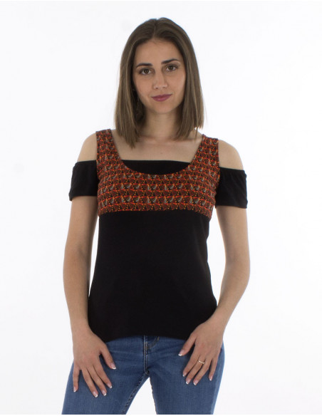 Off-the-shoulder ethnic T-shirt