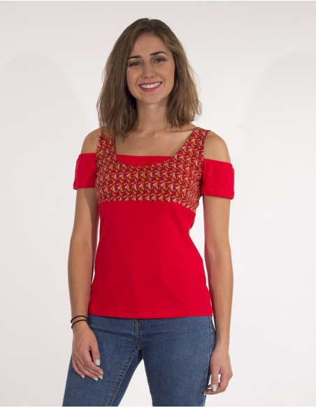 Off-the-shoulder ethnic T-shirt