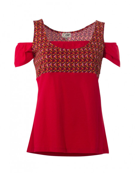 T-shirt ethnique original aux épaules dénudées rouge