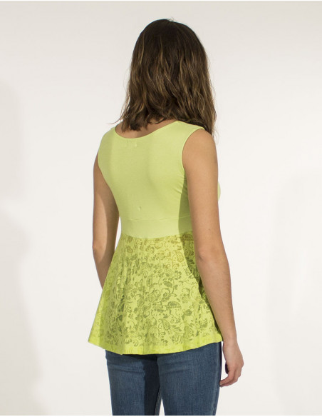 Top chic femme style bohème et tissu dévoré transparent anis dos