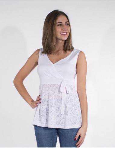 Top chic femme style bohème et tissu dévoré transparent blanc