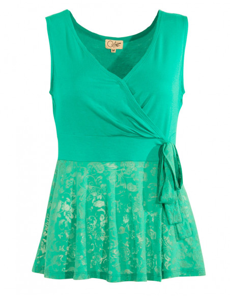 Top chic femme style bohème et tissu dévoré transparent menthe