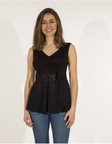 Top chic femme style bohème et tissu dévoré transparent noir