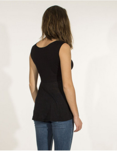 Top chic femme style bohème et tissu dévoré transparent noir dos