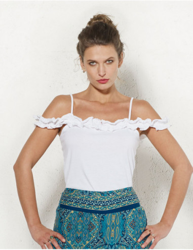 Original tank top with frills on the shoulders in plain white cotton