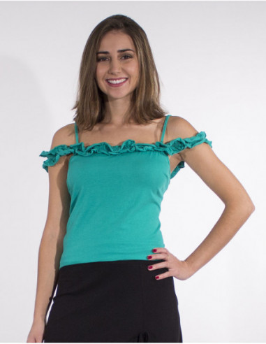Original tank top with frills on the shoulders in plain green cotton