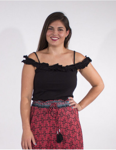 Original tank top with frills on the shoulders in plain cotton
