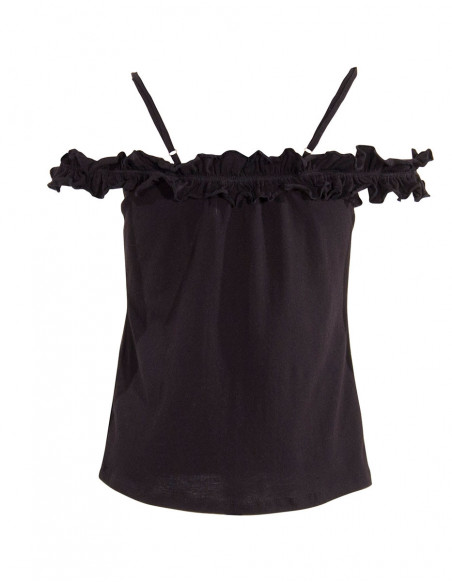 Summer chic top with ruffle on the shoulders for women plain black