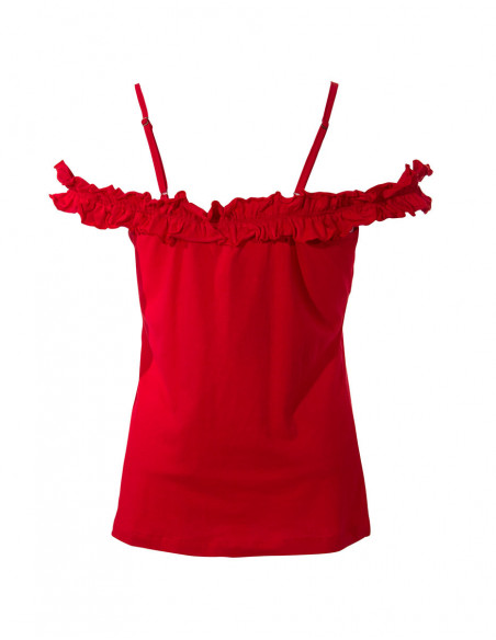 Original tank top with frills on the shoulders in plain red cotton