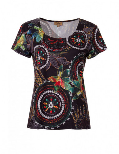 Tee-shirt noir coupe basique imprimé tropical