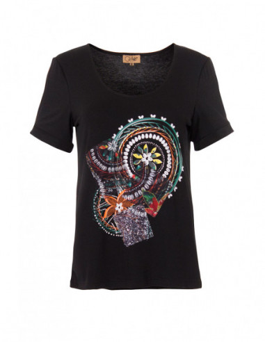 Tee-shirt col rond flashy imprimé rosace tissus cousus décoratifs