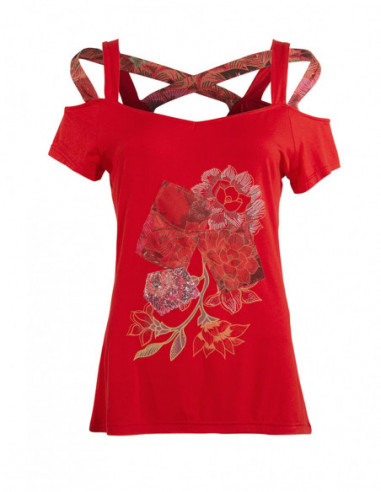 Tee shirt femme rouge avec bretelles et imprimé féminin fleuri