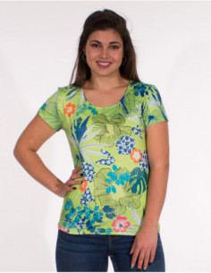 Tee-shirt bleu original imprimé tropical pour femme 2