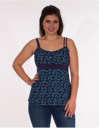Long tank top with thin straps original small navy blue flowers