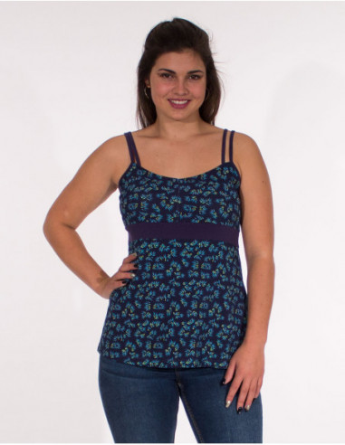 Bohemian print double strap summer tank top with small white flowers