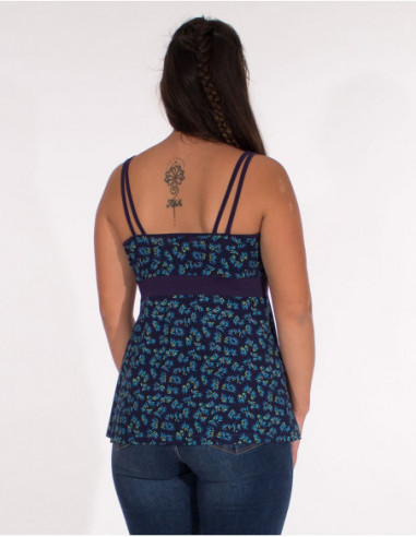 Bohemian print double strap summer tank top with small navy blue flowers