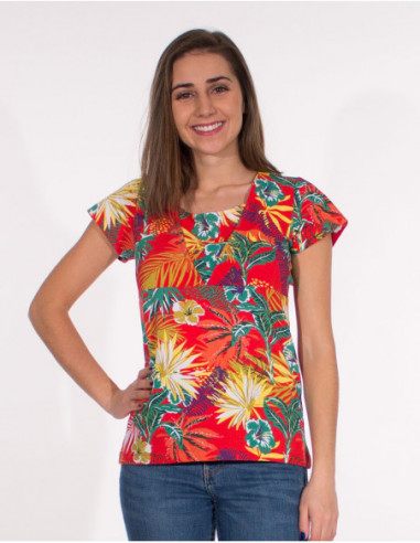 Tee-shirt rouge imprimé tropical col rond