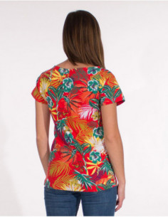 Tee-shirt rouge imprimé tropical col rond 2