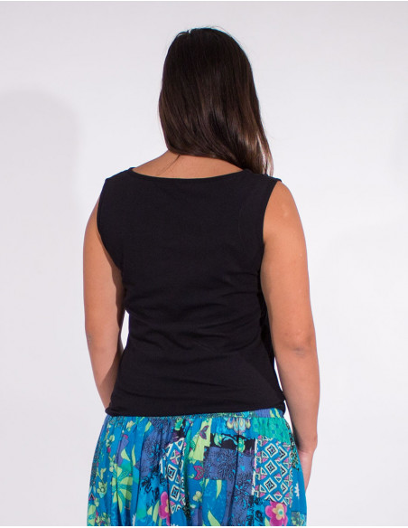 Women's lightweight summer tank top in plain black with asymmetrical seam