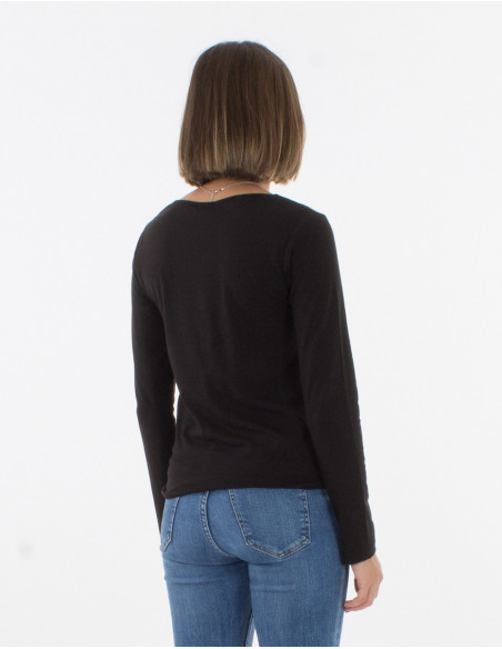 Tee-shirt basique uni à manches longues en coton noir dos