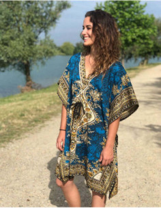 Robe courte carré pour la plage à imprimé baroque ethnique bleu marine
