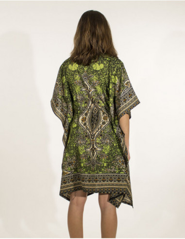 Green ethnic baroque print short dress for the beach
